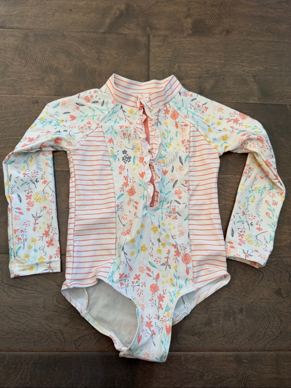 Girls Floral Ruffle Long Sleeve One-Piece Swimsuit - Pastel Floral